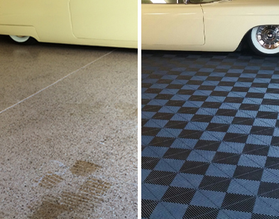 Before and After Covering Epoxy Floor with Swisstrax Interlocking Garage Floor Tiles