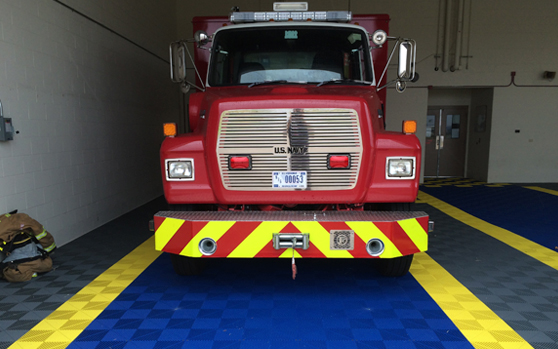 Firetruck on Ribtrax Pro blue, grey, and yellow tiles