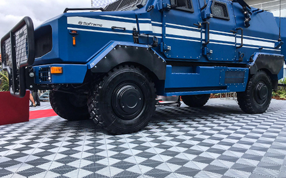 Heavy vehicle on Ribtrax Pro grey tiles