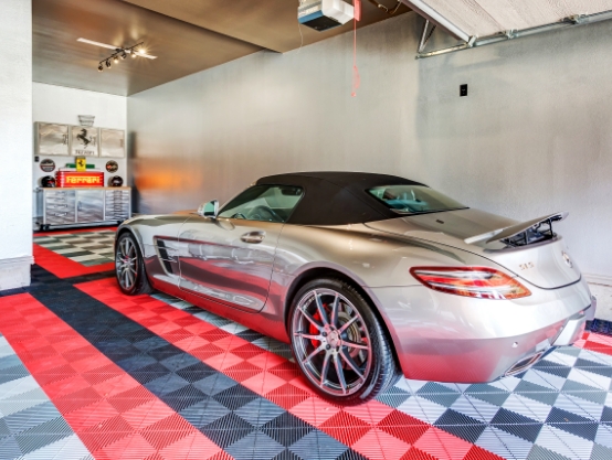 Gray Black and Red Swisstrax Tiles with Sports Car Parked