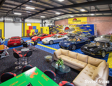 Sports car showroom installed with interlocking floor tiles from Swisstrax