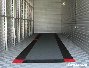 Warehouse Ribtrax Pro tiles installed in red, black, gray, and white