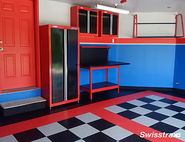 2 car garage with racing pattern garage floor tiles